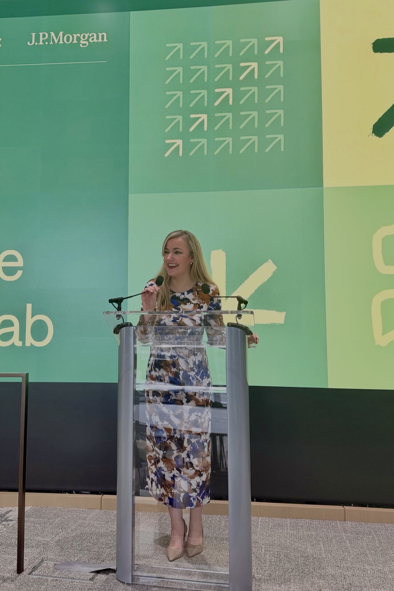 Silvia Mogas speaking at a J.P. Morgan event